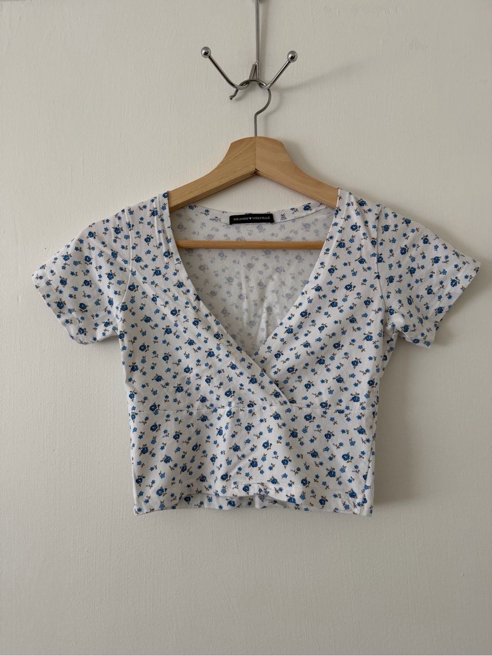 Brandy Melville White Crop Top with Blue Floral Print